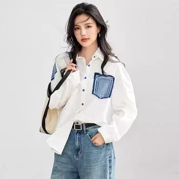 DIMANAF 2024 Новая весенняя женская блузка в стиле пэчворк, повседневная свободная базовая белая джинсовая лоскутная блузка с длинными рукавами и пуговицами, кружевная короткая блузка
