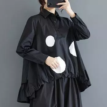 DIMANAF 2024 Новая женская блузка большого размера с принтом в винтажном стиле, базовая свободная рубашка с длинным рукавом на пуговицах, черная One Size чёрный