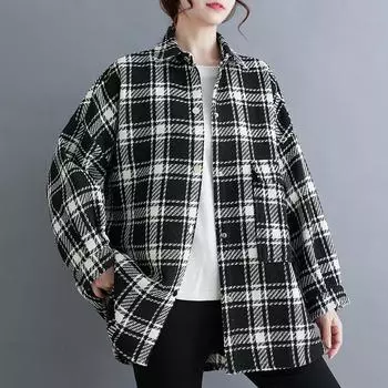 DIMANAF 2024 Новая женская блузка, клетчатое пальто, куртки, осенняя винтажная верхняя одежда, повседневная, с длинным рукавом, свободная, на пуговицах One Size чёрный