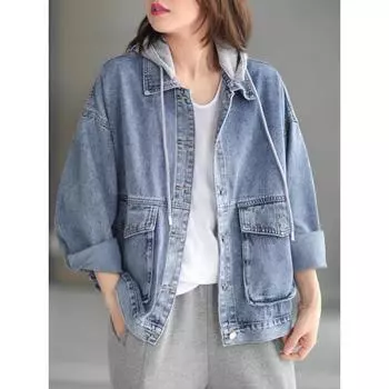 DIMANAF 2024 Новая женская блузка пальто шляпа куртки осень повседневная джинсовая синяя винтажная верхняя одежда с длинным рукавом свободная блузка на пуговицах