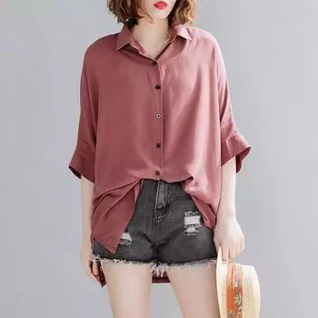 DIMANAF 2024 Новая женская блузка, повседневные короткие топы с короткими рукавами, шифоновые рубашки, свободная рубашка большого размера «летучая мышь», весна-лето, рубашка оверсайз, синяя