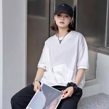 DIMANAF 2024 Новая женская футболка на молнии, женские однотонные хлопковые свободные топы с короткими рукавами и футболки