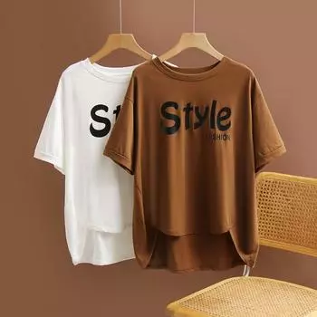 DIMANAF 2024 Новая женская футболка с принтом, женская футболка с круглым вырезом и принтом, хлопковые свободные топы и футболки с короткими рукавами, большие размеры One Size коричневый