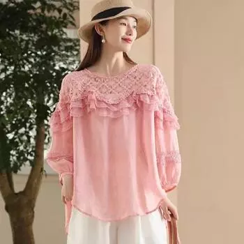 DIMANAF 2024 Новая женская кружевная футболка Базовая футболка с коротким рукавом больших размеров Свободная повседневная футболка с круглым вырезом и большими топами Новая