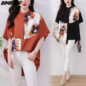DIMANAF 2024, новая женская летняя блузка больших размеров, винтажная рубашка с коротким рукавом, свободная рубашка с цветочным принтом, повседневные топы, футболки на пуговицах