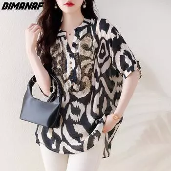 DIMANAF 2024, новая женская летняя блузка больших размеров, винтажная рубашка с коротким рукавом, свободная рубашка, повседневные базовые топы, футболки с принтом