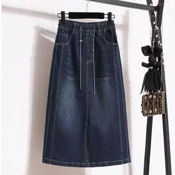 DIMANAF 2024 Новая женская летняя стильная юбка больших размеров эластичная однотонная джинсовая юбка трапециевидной формы синяя винтажная базовая юбка 5XL XL