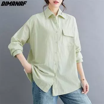 DIMANAF 2024 Новая женская рубашка больших размеров весна-лето оверсайз с длинным рукавом свободная однотонная блузка повседневные базовые топы