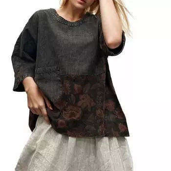 DIMANAF 2024, новинка, большие размеры, летние женские свободные джинсовые топы с короткими рукавами и принтом, базовые топы с круглым вырезом, футболка, новинка 8922