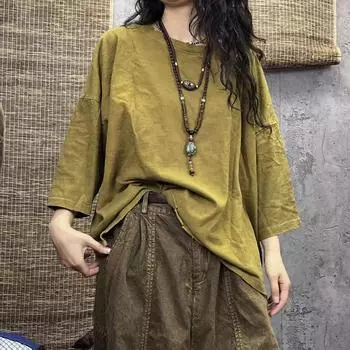 DIMANAF 2024, новинка, большие размеры, летние женские однотонные свободные топы с короткими рукавами и большим круглым вырезом, базовые топы, футболка, новинка 04