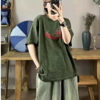 DIMANAF 2024, новинка, большие размеры, летние женские футболки с короткими рукавами и принтом, свободные базовые топы в китайском стиле с круглым вырезом, футболка, новинка 04