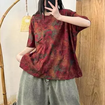 DIMANAF 2024, новинка, большие размеры, летние женские свободные топы с короткими рукавами и принтом, базовые топы с круглым вырезом, футболка, новинка 8922