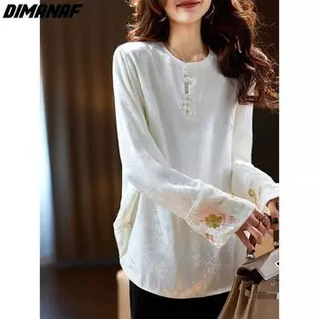 DIMANAF 2024 Новинка больших размеров весна-лето женские свободные повседневные топы с длинными рукавами футболка белая однотонная блузка рубашка жаккардовая с вышивкой