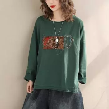 DIMANAF 2024 Новинка лета больших размеров для женщин с принтом, свободная вышивка, базовые топы с длинными рукавами и круглым вырезом, футболка, новинка 04 One Size