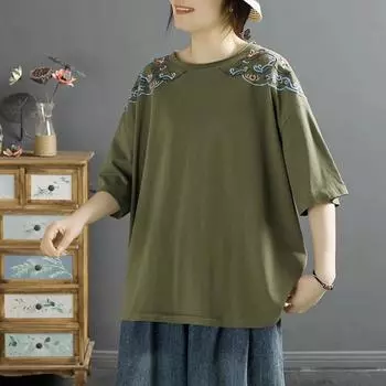 DIMANAF 2024, новинка, летние женские размеры больших размеров, с коротким рукавом и принтом, свободные базовые топы с вышивкой и круглым вырезом, футболка, новинка 04