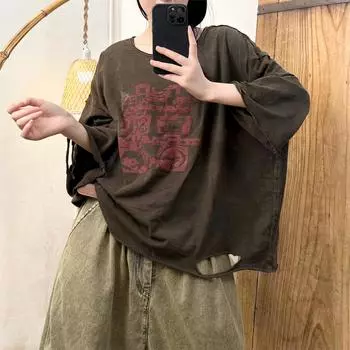 DIMANAF 2024, новинка, летние женские размеры больших размеров, летучая мышь, с коротким рукавом, в китайском стиле, с принтом, свободные базовые топы с круглым вырезом, футболка, новинка 7