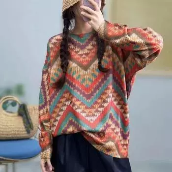 DIMANAF 2024 Новинка весенних свитеров больших размеров, пуловер с цветочным принтом, оверсайз, женские свитера с узором и принтом, зеленый вязаный свободный свитер