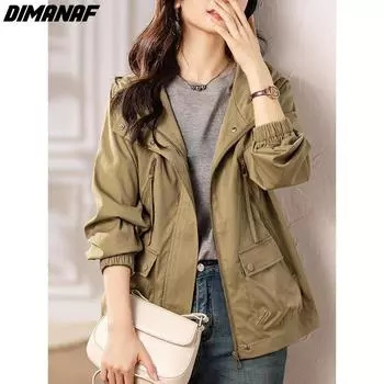 DIMANAF 2024, новинка, весенняя женская куртка больших размеров, модное пальто с капюшоном на молнии, женское однотонное повседневное свободное пальто оверсайз