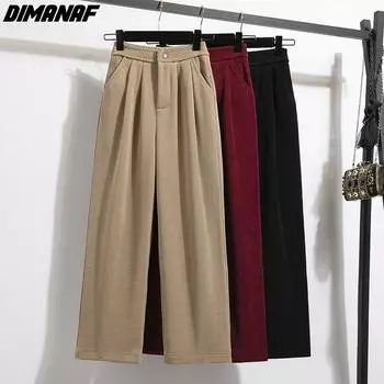 DIMANAF 2024, новинка весны, большие размеры, женские брюки, вязаные брюки, эластичные свободные повседневные утепленные хлопковые длинные брюки, однотонные, черные, красные M чёрный
