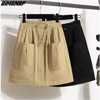 DIMANAF 2024, новинка весны и лета, женские юбки больших размеров, свободные эластичные талии, модные однотонные юбки трапециевидной формы с высокой талией, 2024 L чёрный