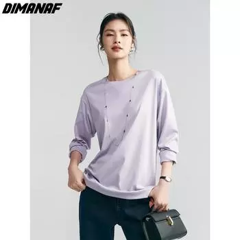 DIMANAF 2024, новинка весны, женские базовые свободные повседневные топы с длинными рукавами и круглым вырезом, футболки, белая однотонная футболка большого размера, повседневная