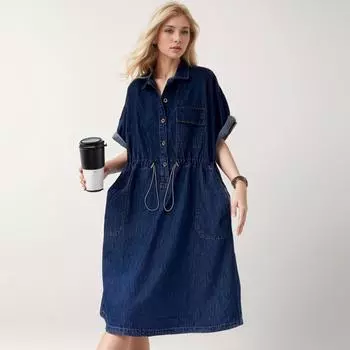 DIMANAF 2024 Новое джинсовое платье больших размеров, летнее женское платье с коротким рукавом, свободная джинсовая шляпа с круглым вырезом и принтом, базовый новый большой размер