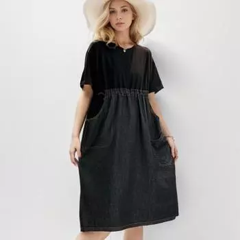 DIMANAF 2024 Новое джинсовое платье больших размеров, летнее женское платье с коротким рукавом, свободный джинсовый ремень с принтом и круглым вырезом, базовый новый, большой размер