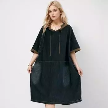 DIMANAF 2024 Новое джинсовое платье больших размеров, летняя женская шляпа с короткими рукавами, свободная джинсовая одежда с круглым вырезом и принтом, базовая новинка, большой размер