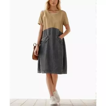 DIMANAF 2024 Новое джинсовое платье больших размеров, летнее женское свободное однотонное платье с коротким рукавом с круглым вырезом, базовое новое, большого размера