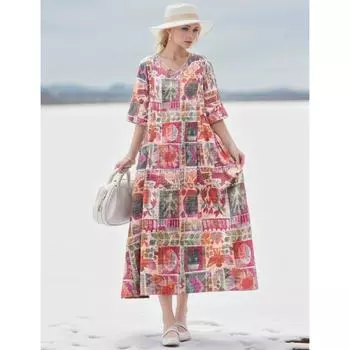 DIMANAF 2024 Новое льняное платье больших размеров, летнее женское платье с коротким рукавом и v-образным вырезом, свободное клетчатое платье с принтом, базовое новое, большого размера