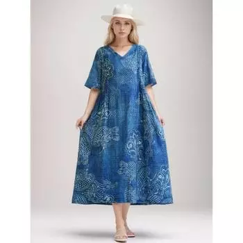 DIMANAF 2024 Новое льняное платье больших размеров, летнее женское свободное платье с v-образным вырезом и коротким рукавом, клетчатый узор, базовое новое платье большого размера