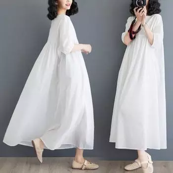Dimanaf 2024 Новое льняное платье больших размеров, летнее женское свободное платье с коротким рукавом, белое однотонное пляжное базовое платье с круглым вырезом, новый большой размер
