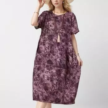 DIMANAF 2024 Новое льняное платье больших размеров, летнее женское свободное платье с коротким рукавом и клетчатым узором, с круглым вырезом, базовое новое, большого размера