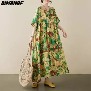 DIMANAF 2024, новое летнее длинное платье больших размеров, пляжное женское платье с круглым вырезом и цветочным принтом, праздничные модные повседневные свободные женские платья
