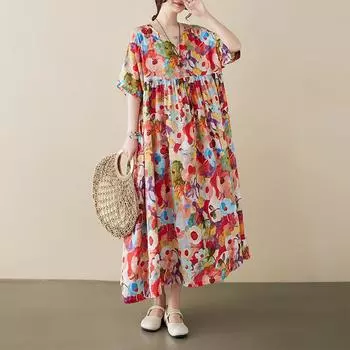 DIMANAF 2024, новое летнее длинное платье больших размеров, пляжное женское платье с круглым вырезом и цветочным принтом, праздничные модные повседневные свободные женские платья 669 One Size
