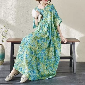 DIMANAF 2024, новое летнее длинное платье больших размеров, пляжное женское платье с круглым вырезом и цветочным принтом, праздничное модное повседневное свободное женское платье 601