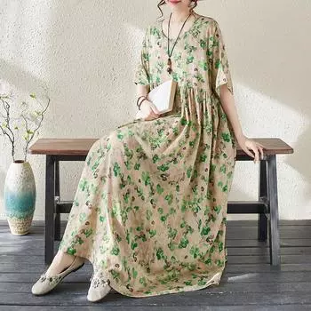 DIMANAF 2024, новое летнее длинное платье больших размеров, пляжное женское платье с круглым вырезом и цветочным принтом, праздничные модные повседневные свободные женские платья 602 One Size
