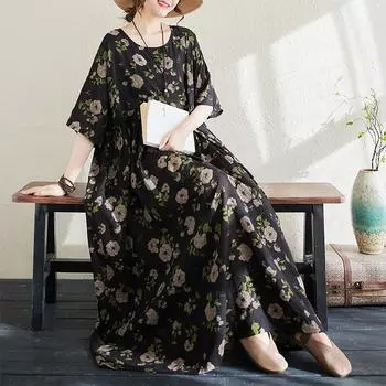 DIMANAF 2024, новое летнее длинное платье больших размеров, пляжное женское платье с круглым вырезом и цветочным принтом, праздничные модные повседневные свободные женские платья 660 One Size