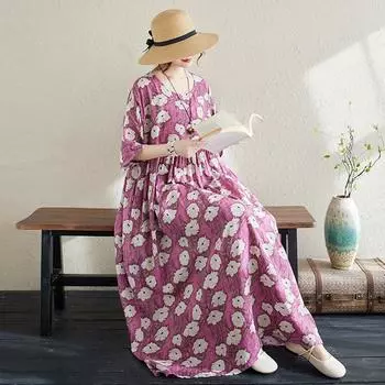 DIMANAF 2024, новое летнее длинное платье больших размеров, пляжное женское платье с круглым вырезом и цветочным принтом, праздничные модные повседневные свободные женские платья 620