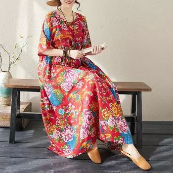 DIMANAF 2024, новое летнее длинное платье больших размеров, пляжное женское платье с круглым вырезом и цветочным принтом, праздничные модные повседневные свободные женские платья 702