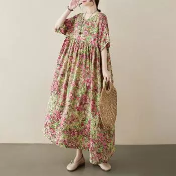 DIMANAF 2024, новое летнее длинное платье больших размеров, пляжное женское платье с круглым вырезом и цветочным принтом, праздничные модные повседневные свободные женские платья 668