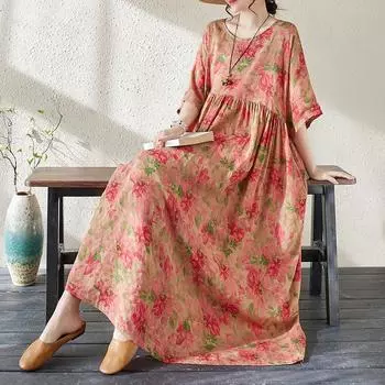 DIMANAF 2024, новое летнее длинное платье больших размеров, пляжное женское платье с круглым вырезом и цветочным принтом, праздничные модные повседневные свободные женские платья 607