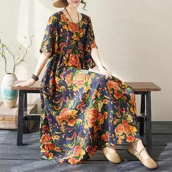 DIMANAF 2024, новое летнее длинное платье больших размеров, пляжное женское платье с круглым вырезом и цветочным принтом, праздничные модные повседневные свободные женские платья 701 One Size