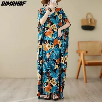 DIMANAF 2024, новое летнее длинное платье больших размеров, пляжное женское свободное платье с цветочным принтом, праздничное винтажное элегантное платье с v-образным вырезом One Size синий