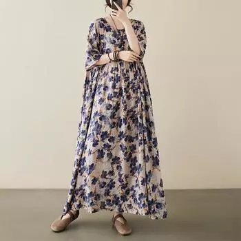 DIMANAF 2024, новое летнее длинное платье больших размеров, пляжное женское платье с круглым вырезом и цветочным принтом, праздничные модные повседневные свободные женские платья 671