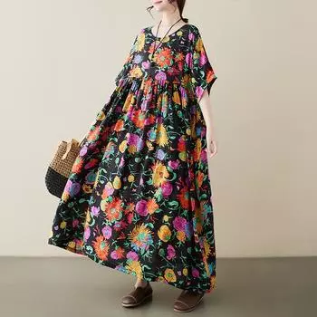 DIMANAF 2024, новое летнее длинное платье больших размеров, пляжное женское платье с круглым вырезом и цветочным принтом, праздничные модные повседневные свободные женские платья 662