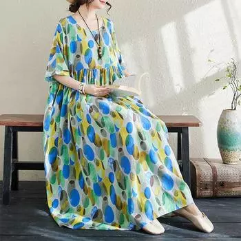 DIMANAF 2024, новое летнее длинное платье больших размеров, пляжное женское платье с круглым вырезом и цветочным принтом, праздничные модные повседневные свободные женские платья 661