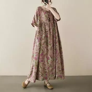DIMANAF 2024, новое летнее длинное платье больших размеров, пляжное женское платье с круглым вырезом и цветочным принтом, праздничные модные повседневные свободные женские платья 675 One Size