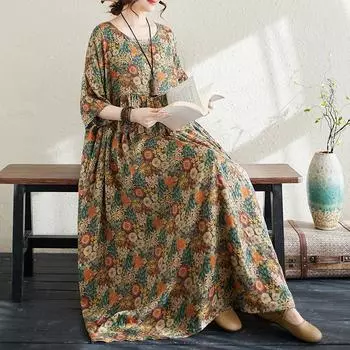 DIMANAF 2024, новое летнее длинное платье больших размеров, пляжное женское платье с круглым вырезом и цветочным принтом, праздничная мода, повседневные свободные женские платья 657
