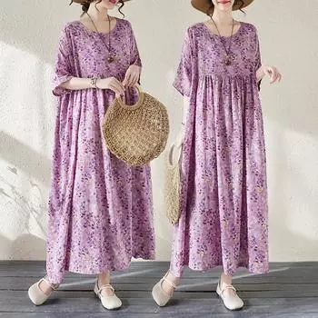DIMANAF 2024, новое летнее длинное платье больших размеров, пляжное женское платье с круглым вырезом и цветочным принтом, праздничные модные повседневные свободные женские платья 604 One Size